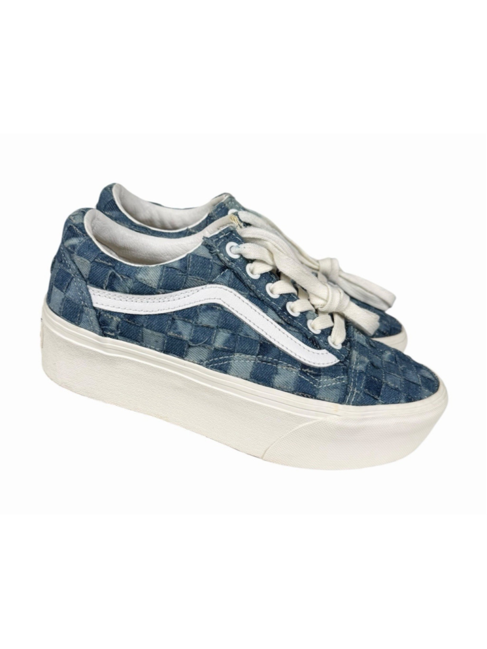 VANS Stackform Blue Denim Woven Checkered Platform Sneakers Women's Size 6.5